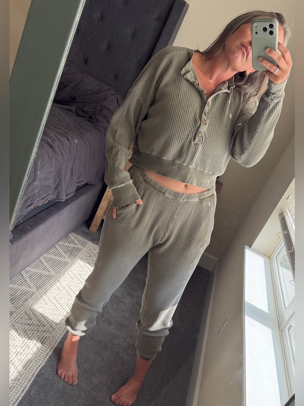 Electric & Rose Olive Green Waffle Knit Loungewear Set S/M